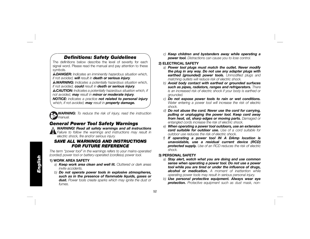 DeWalt DWE4557 Deﬁnitions Safety Guidelines, General Power Tool Safety Warnings, Work Area Safety, Electrical Safety 