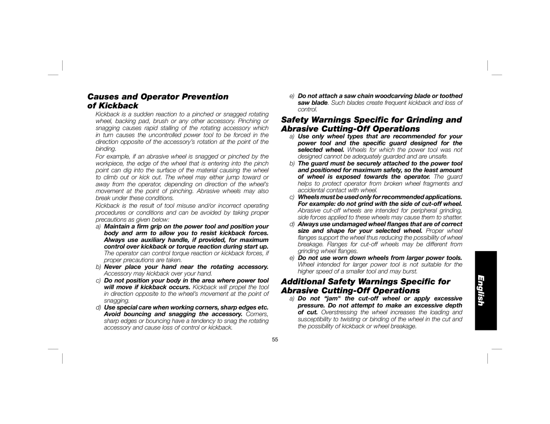 DeWalt DWE4557 instruction manual Causes and Operator Prevention of Kickback 