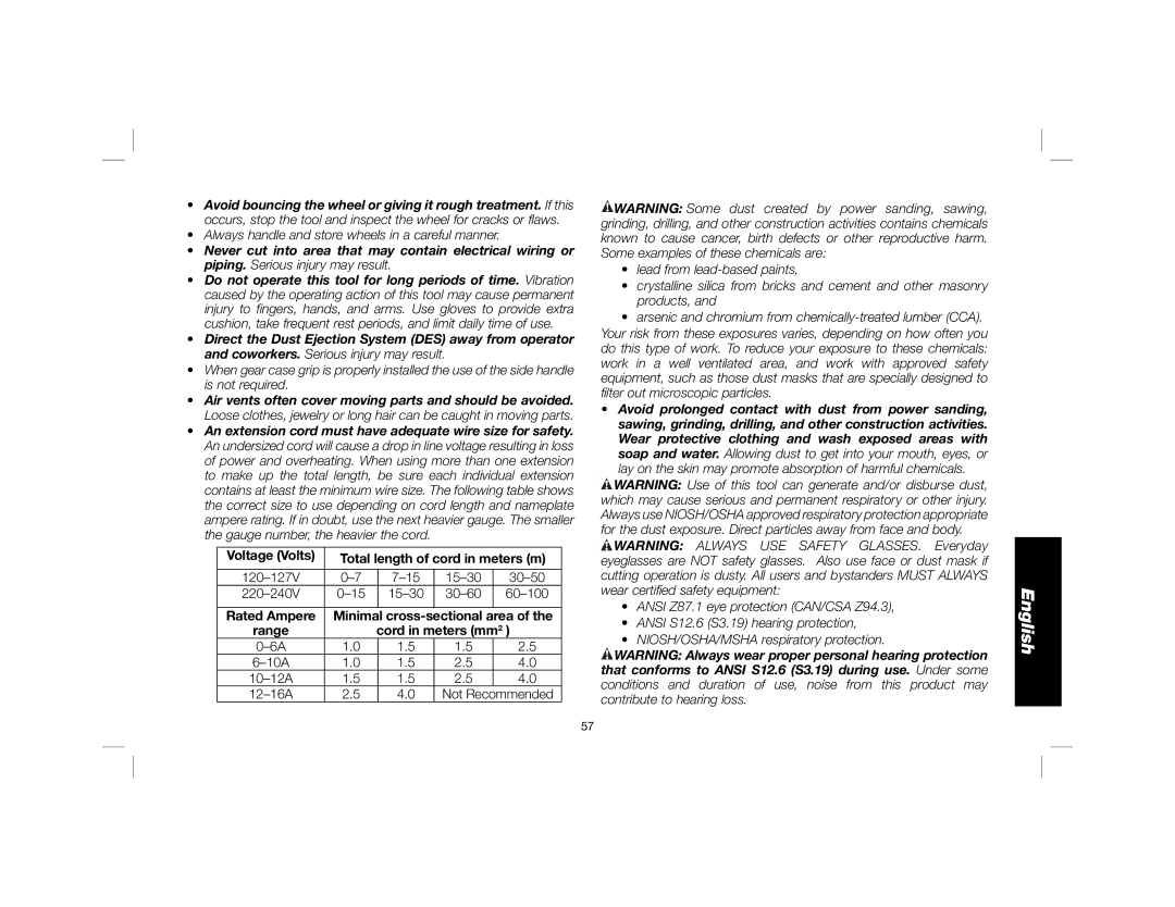 DeWalt DWE4557 instruction manual Cross Sectional Area Range Cord in meters mm, Not Recommended 