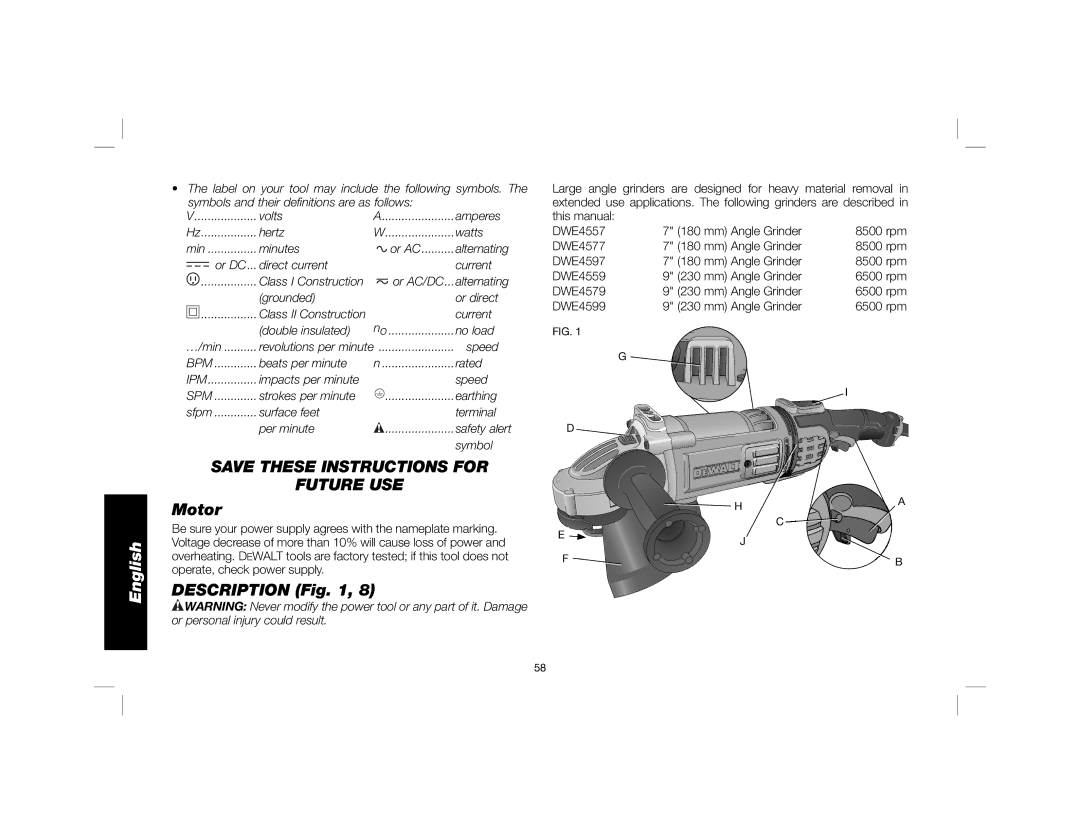 DeWalt DWE4557 instruction manual Save These Instructions for Future USE, Description 