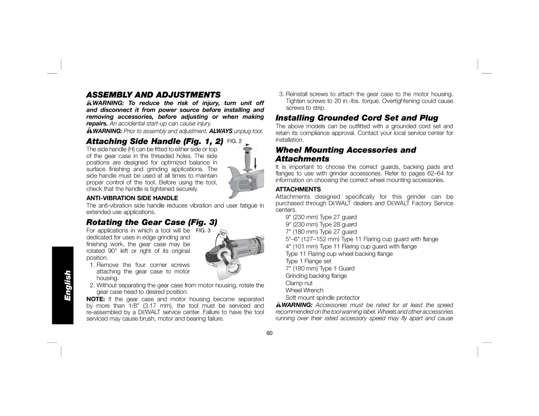 DeWalt DWE4557 instruction manual Assembly and Adjustments, Attaching Side Handle , 2 FIG, Rotating the Gear Case Fig 