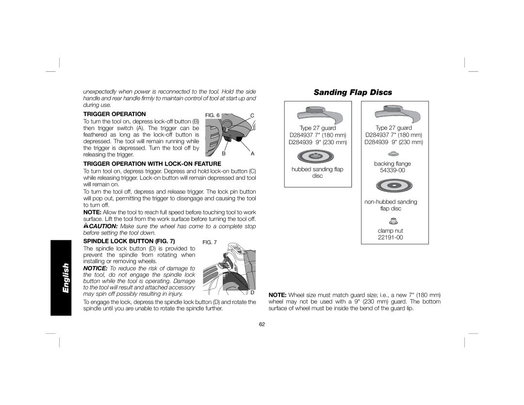 DeWalt DWE4557 instruction manual Sanding Flap Discs, Trigger Operation with LOCK-ON Feature, Spindle Lock Button FIG 