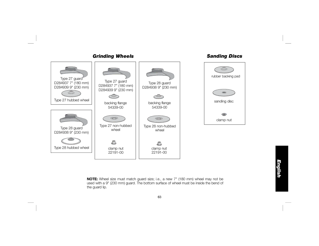DeWalt DWE4557 instruction manual Grinding Wheels Sanding Discs, Sanding disc Clamp nut 