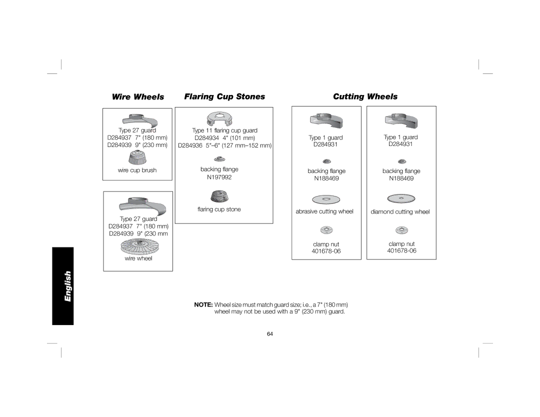 DeWalt DWE4557 instruction manual Wire Wheels Flaring Cup Stones Cutting Wheels, 401678-06 