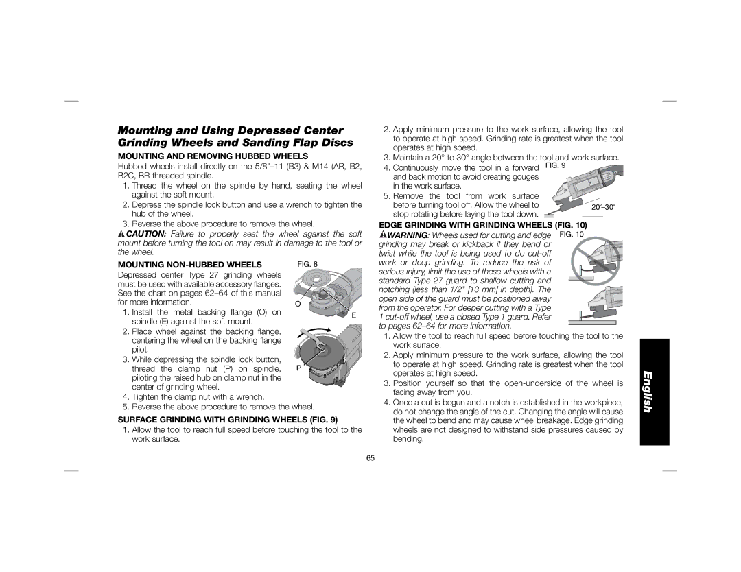 DeWalt DWE4557 Mounting and Removing Hubbed Wheels, Mounting NON-HUBBED Wheels, Surface Grinding with Grinding Wheels FIG 