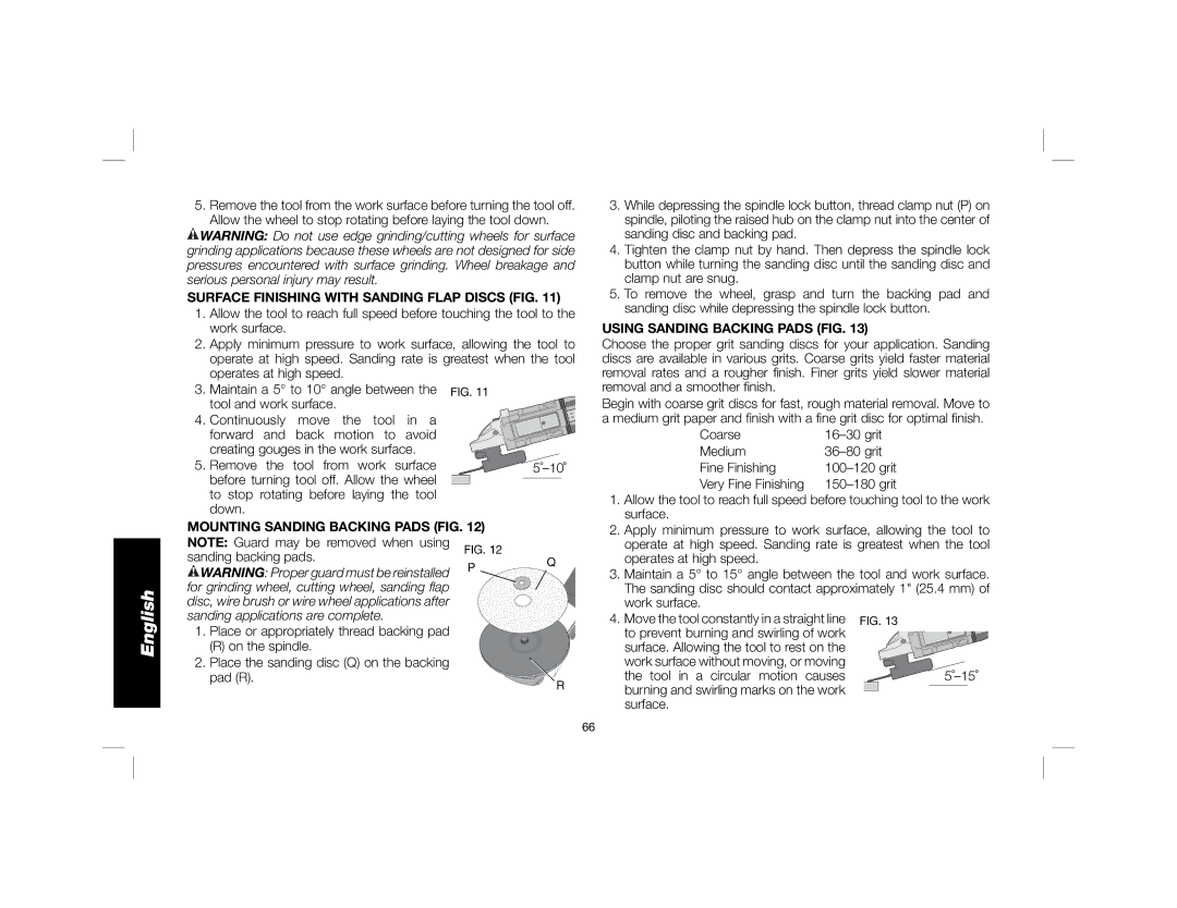 DeWalt DWE4557 instruction manual Surface Finishing with Sanding Flap Discs FIG, Using Sanding Backing Pads FIG 