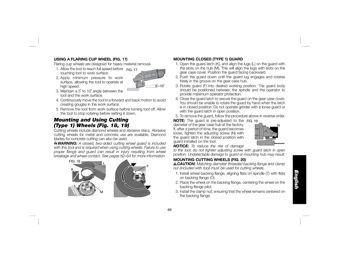 DeWalt DWE4557 Mounting and Using Cutting Type 1 Wheels, Using a Flaring CUP Wheel FIG, Mounting Closed Type 1 Guard 