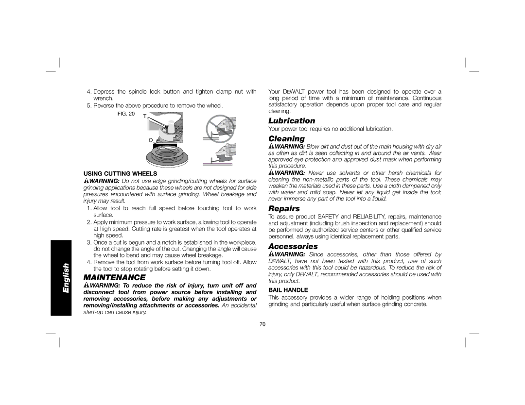 DeWalt DWE4557 instruction manual Maintenance, Lubrication, Cleaning Repairs, Accessories 