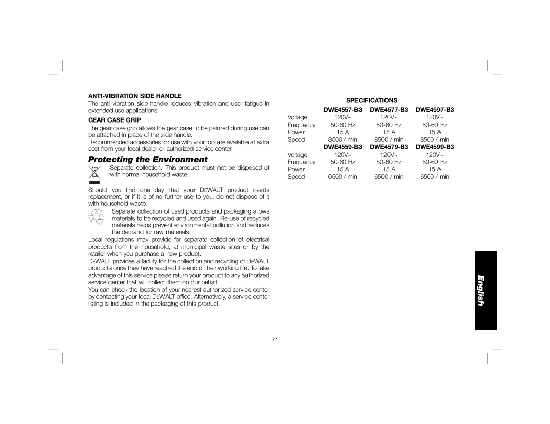 DeWalt DWE4557 instruction manual Protecting the Environment, Gear Case Grip, Specifications 