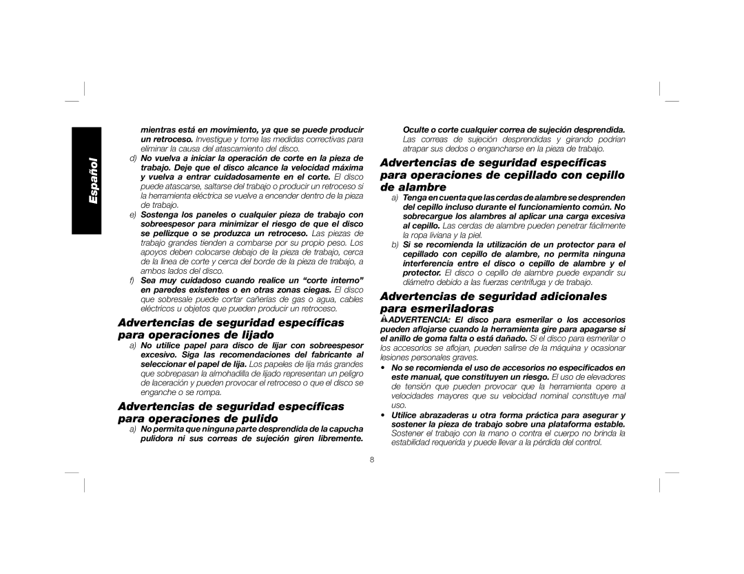 DeWalt DWE4557 instruction manual Advertencias de seguridad adicionales para esmeriladoras 