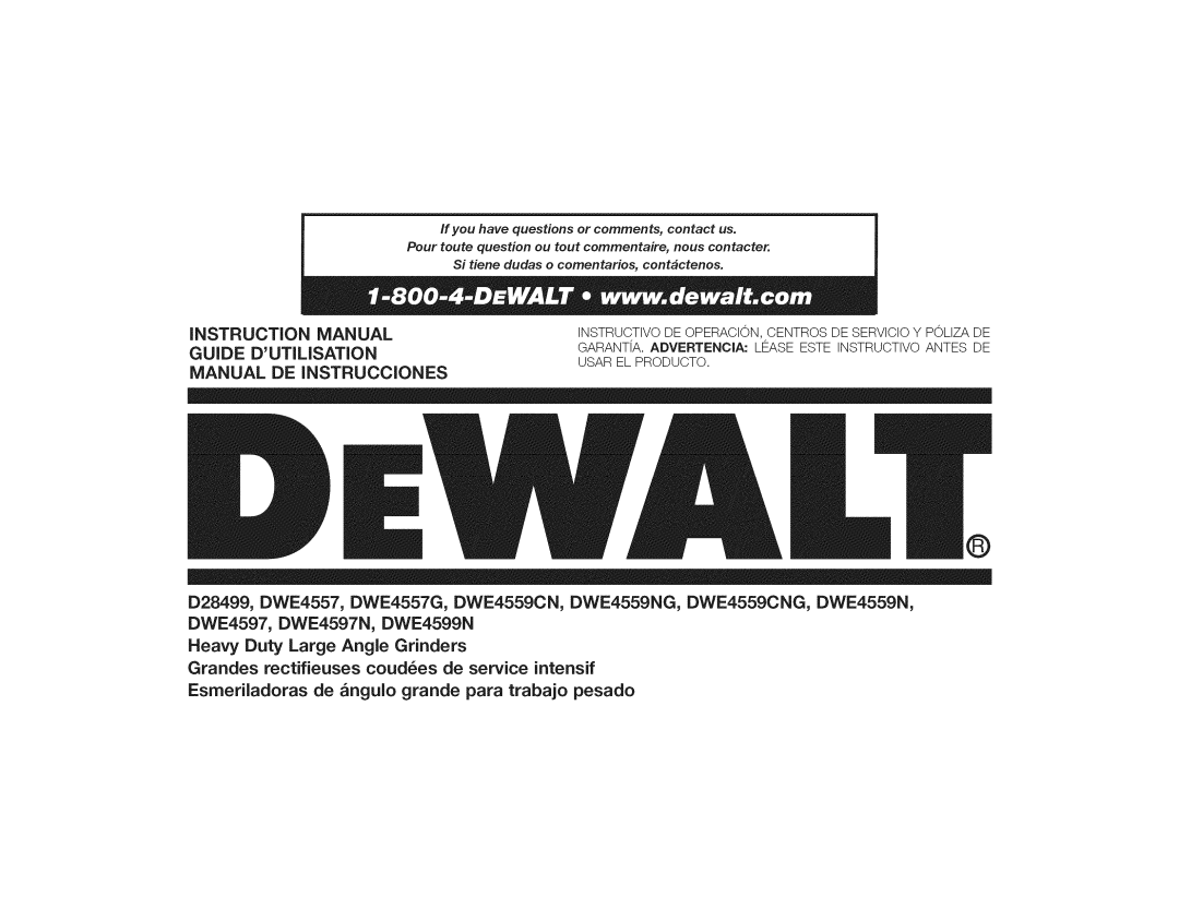 DeWalt DWE4559CN instruction manual Heavy Duty Large Angle Grinders 