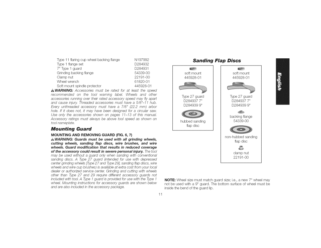 DeWalt DWE4559CN instruction manual Mounting Guard, Sanding Flap Discs, Mounting and Removing Guard 