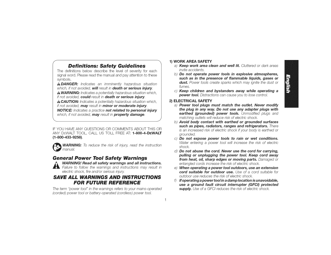 DeWalt DWE4559CN Definitions Safety Guidelines, General Power Tool Safety Warnings, Work Area Safety, Electrical Safety 