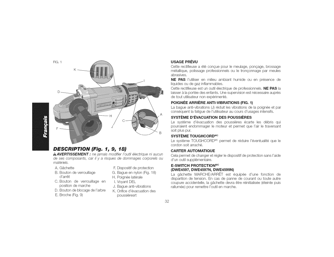 DeWalt DWE4559CN Description j 9, POIGN#E Arriere ANTI-VIBRATIONS FIG, Systeme DI#VACUATION DES Poussieres 