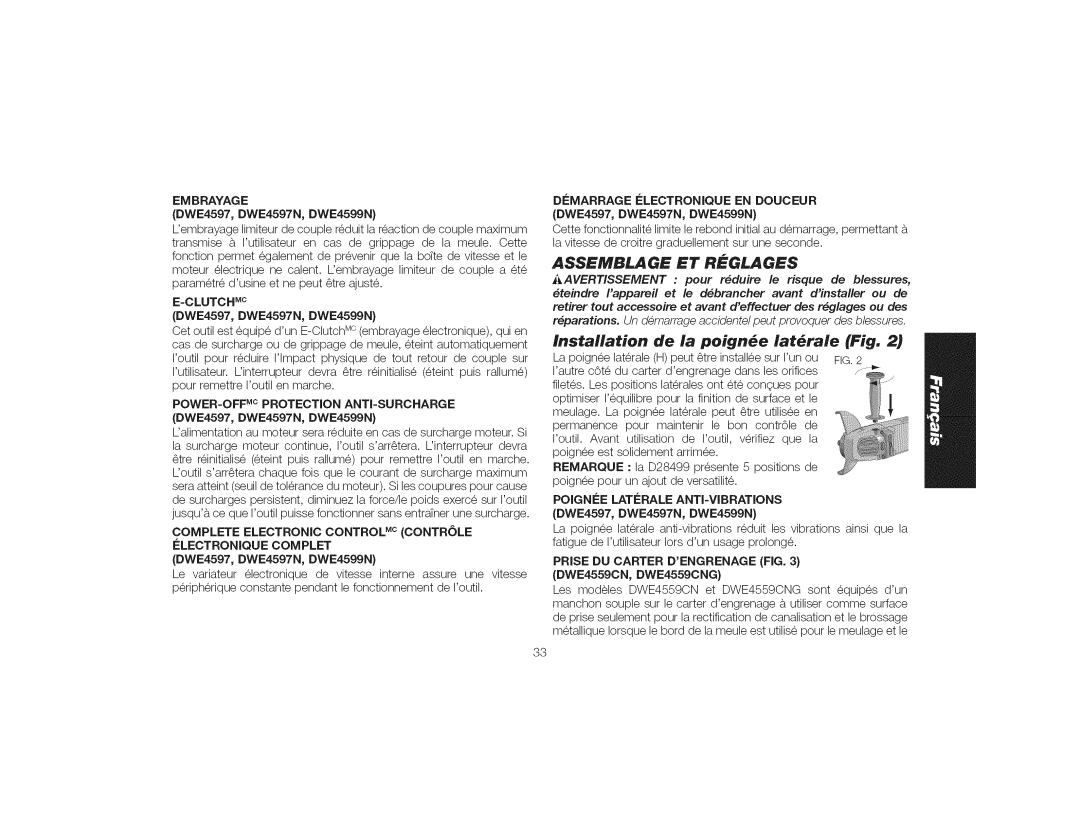 DeWalt DWE4559CN instruction manual Installation De la poigne Latrale, Embrayage, =CLUTCH Mc DWE4597, DWE4597N, DWE4599N 