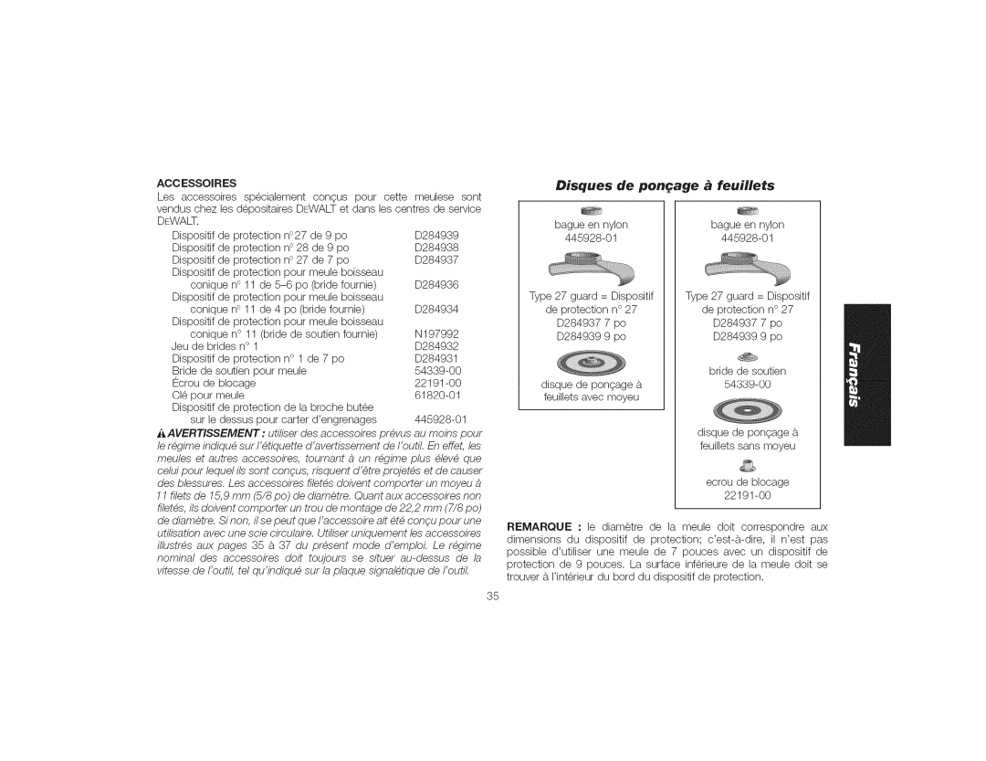DeWalt DWE4559CN instruction manual Disques de pon age , feuillets, ¢¢I=Ssoi R I=S, Dewalt 