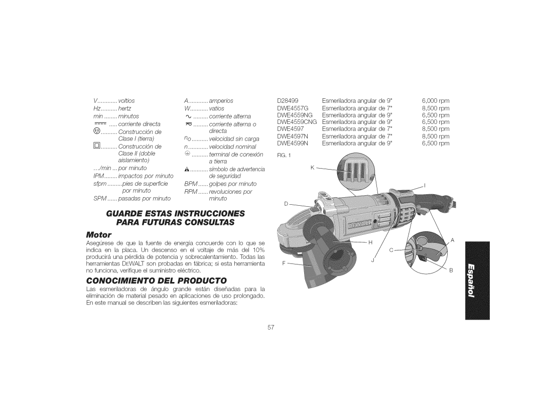 DeWalt DWE4559CN instruction manual GUARD£ Estas Instrucciones Para Futuras Consultas, Rpm 