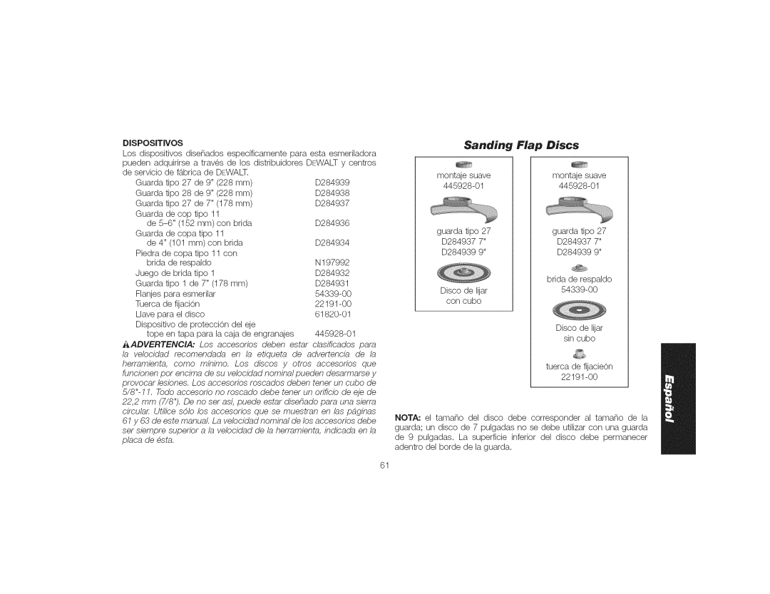 DeWalt DWE4559CN instruction manual Sanding Flap Discs, Dispositivos 