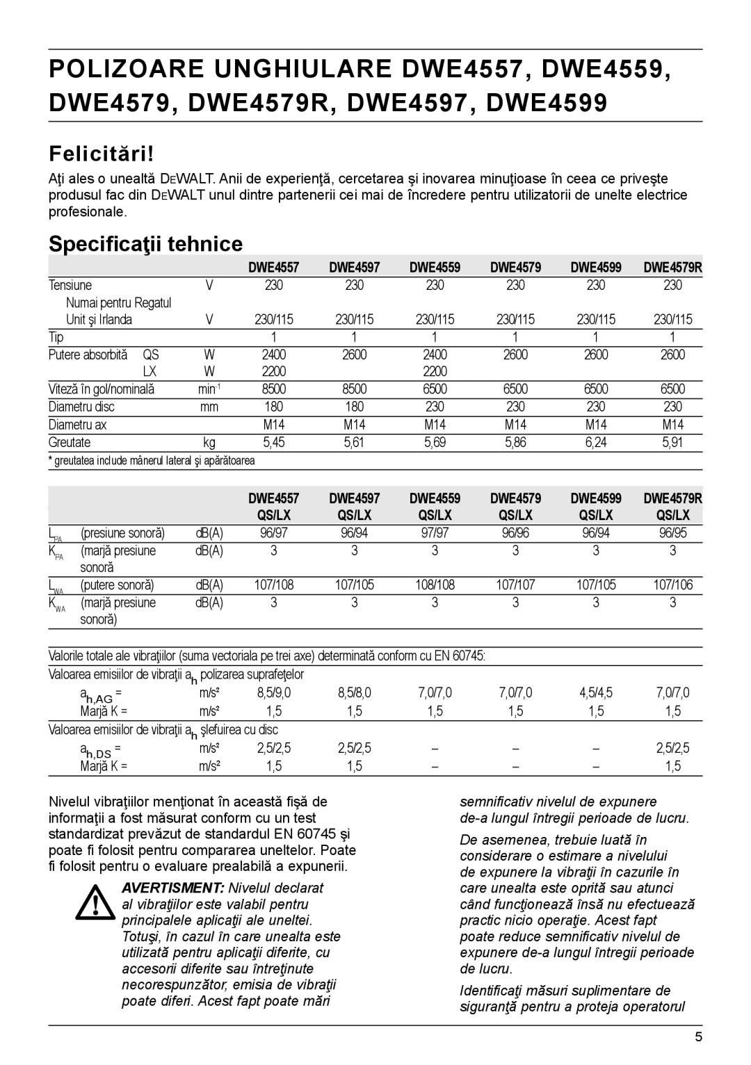 DeWalt DWE4597N manual Felicitări, Speciﬁcaţii tehnice, Qs/Lx 
