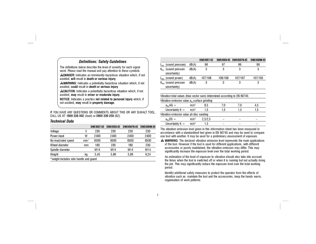 DeWalt DWE4599N instruction manual Definitions Safety Guidelines, Technical Data 