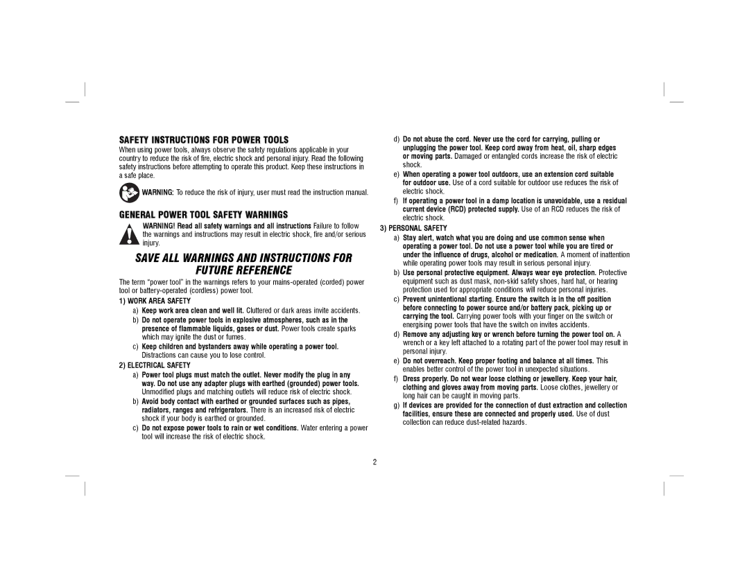 DeWalt DWE4599N instruction manual Work Area Safety, Electrical Safety, Personal Safety 