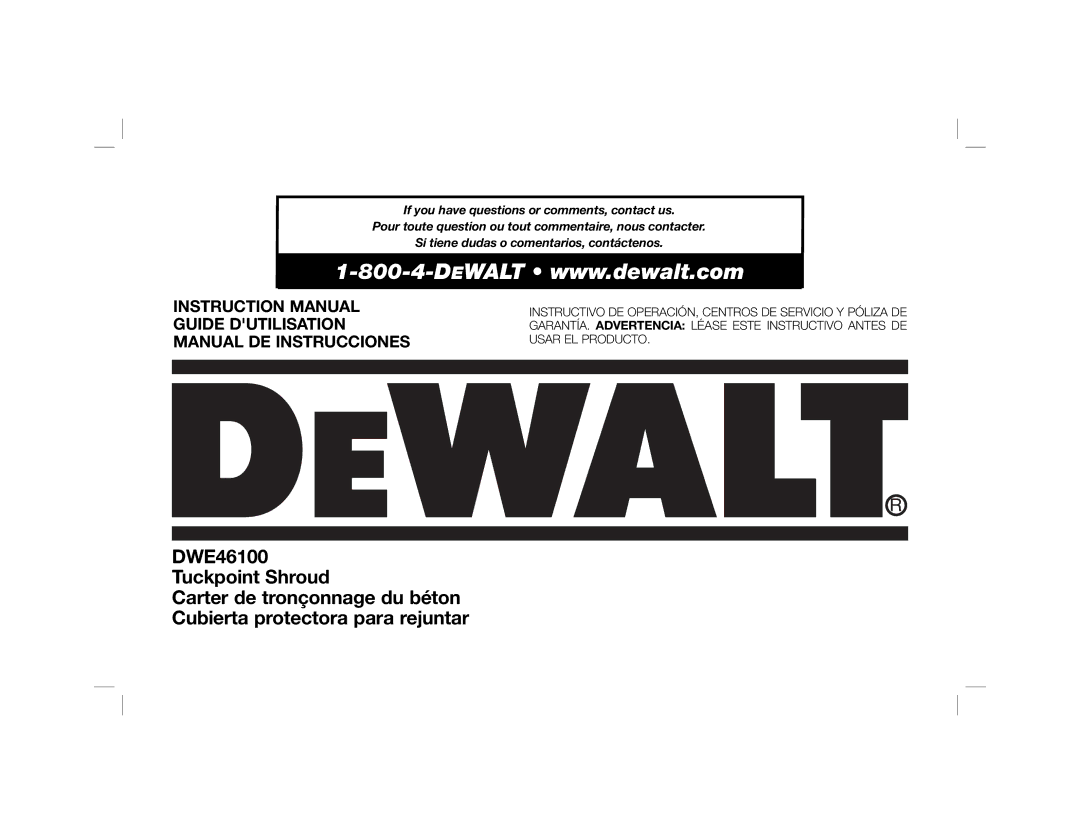 DeWalt DWE46100 instruction manual Guide Dutilisation Manual DE Instrucciones 