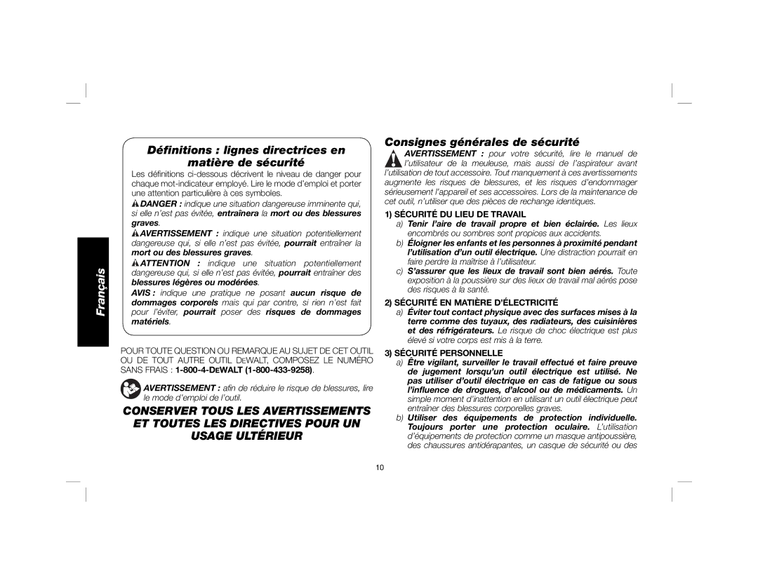 DeWalt DWE46100 instruction manual Déﬁnitions lignes directrices en Matière de sécurité, Consignes générales de sécurité 