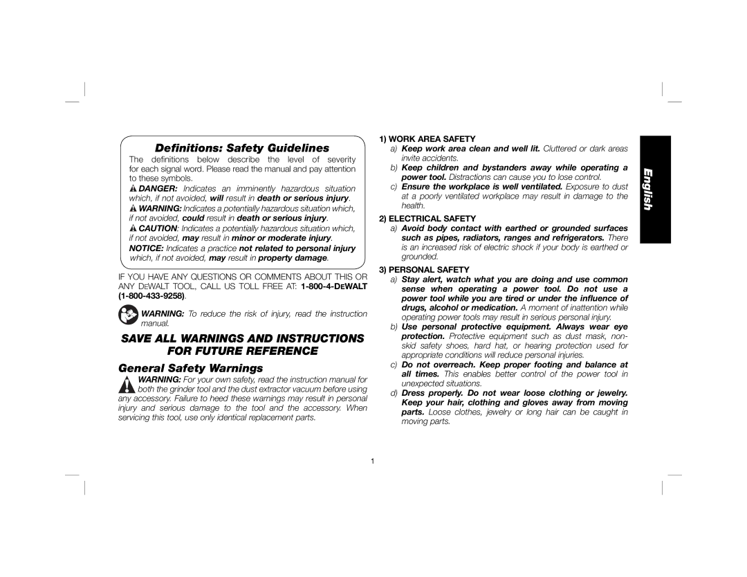 DeWalt DWE46100 instruction manual Deﬁnitions Safety Guidelines, Save ALL Warnings and Instructions For Future Reference 