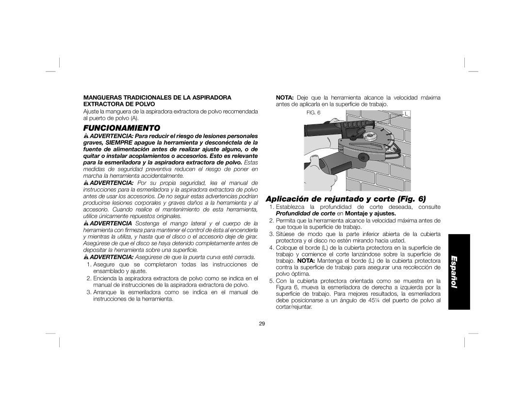 DeWalt DWE46100 instruction manual Funcionamiento, Aplicación de rejuntado y corte Fig 