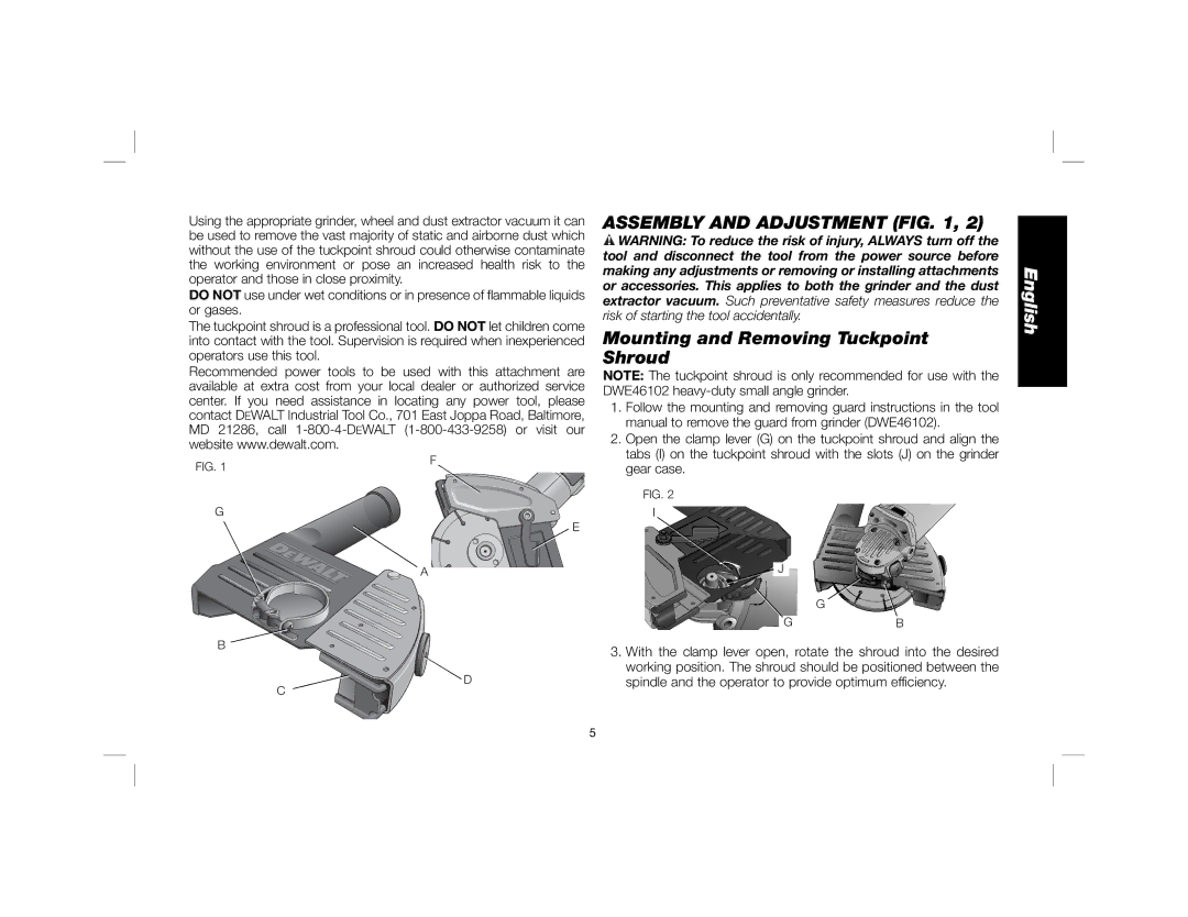 DeWalt DWE46100 instruction manual Assembly and Adjustment, Mounting and Removing Tuckpoint Shroud 