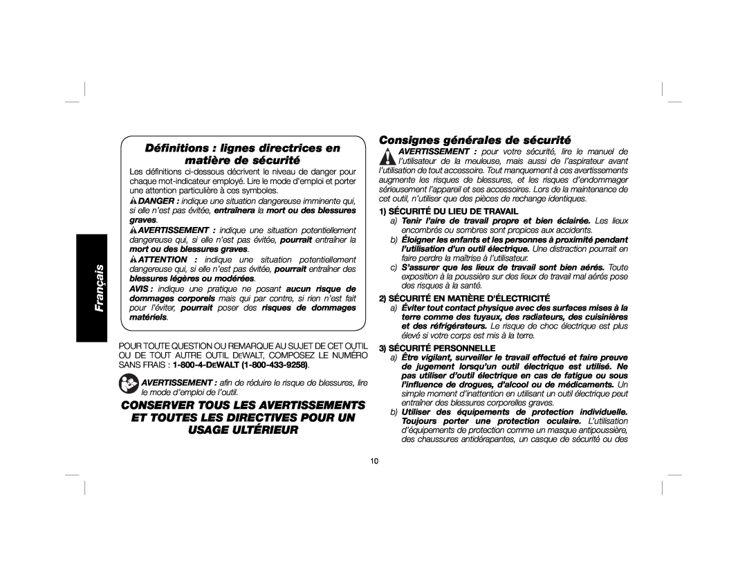 DeWalt DWE46100 Français, Déﬁnitions lignes directrices en matière de sécurité, Consignes générales de sécurité 