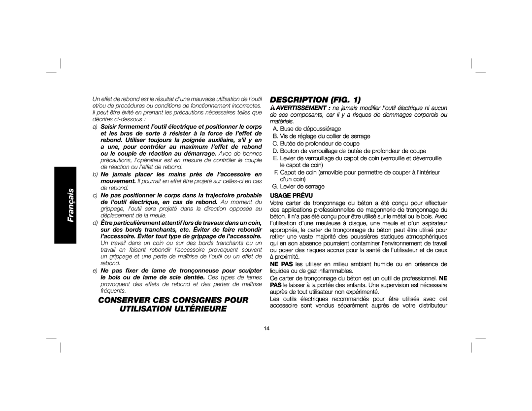 DeWalt DWE46100 Conserver Ces Consignes Pour Utilisation Ultérieure, Description Fig, Usage Prévu, Français 