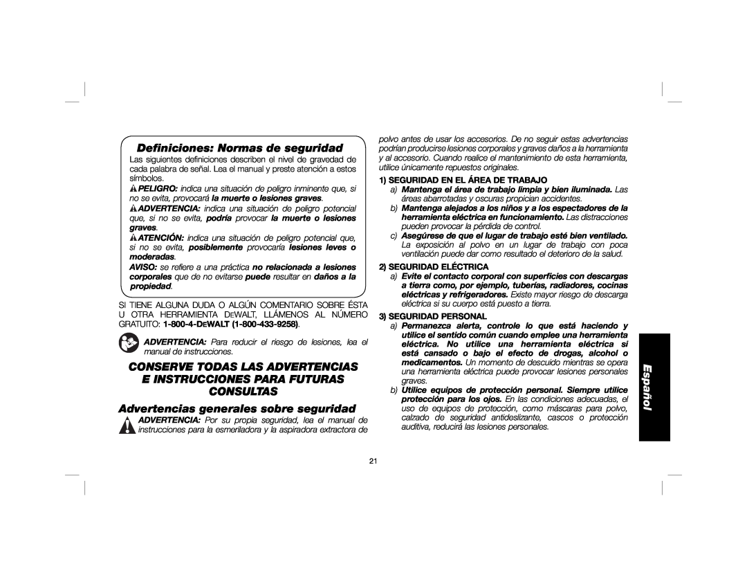 DeWalt DWE46100 Deﬁniciones Normas de seguridad, Conserve Todas Las Advertencias E Instrucciones Para Futuras, Español 