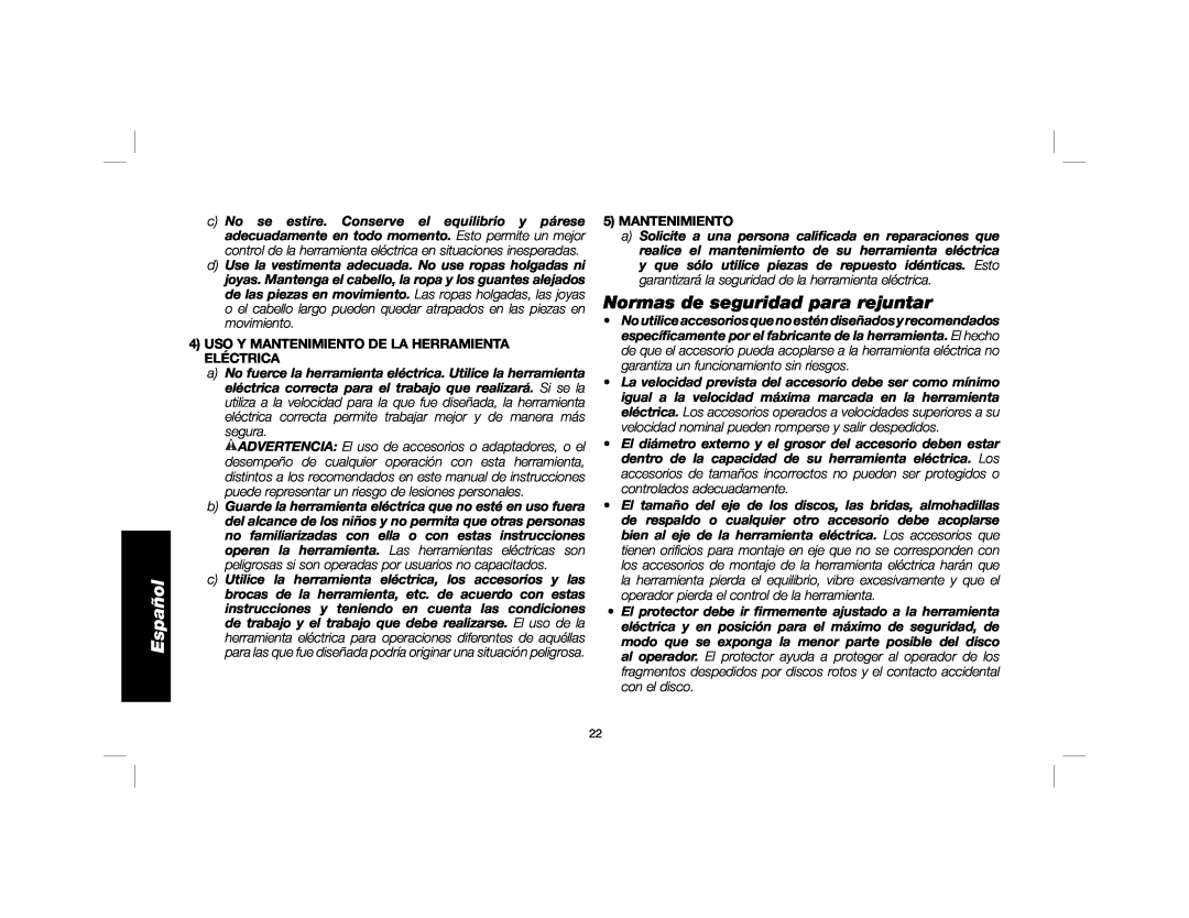 DeWalt DWE46100 Normas de seguridad para rejuntar, Uso Y Mantenimiento De La Herramienta Eléctrica, Español 