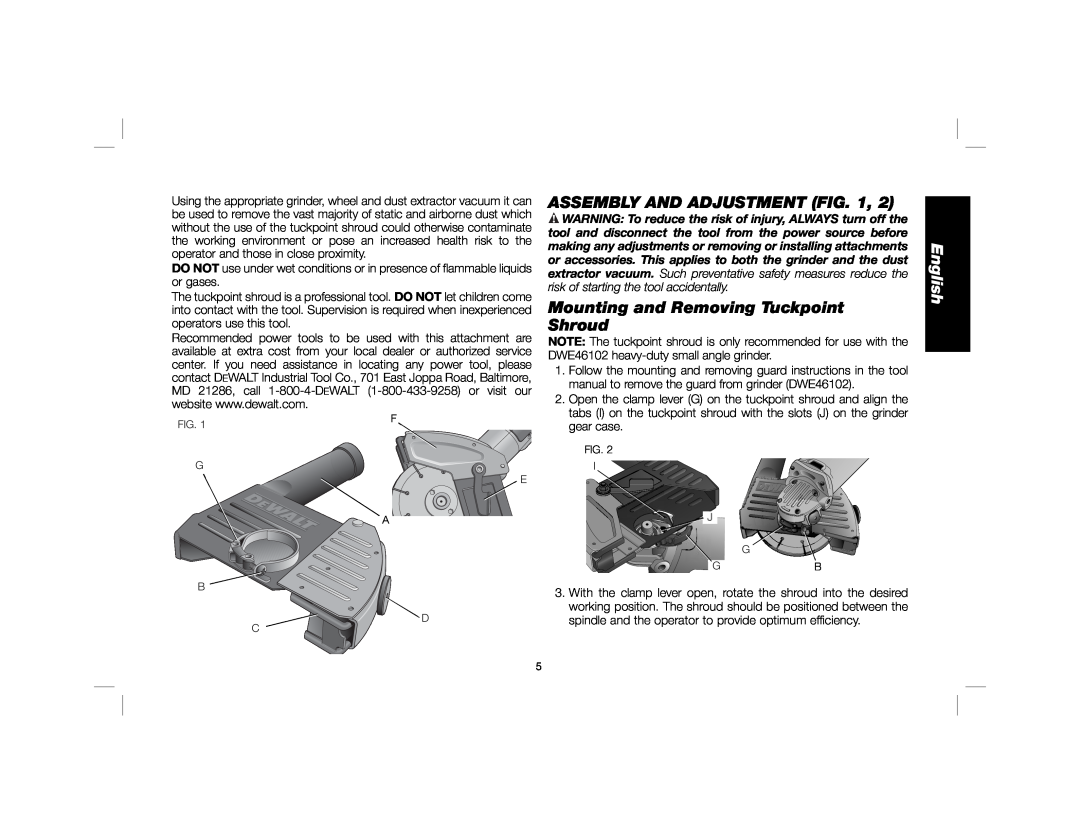 DeWalt DWE46100 instruction manual Assembly And Adjustment Fig, Mounting and Removing Tuckpoint Shroud, English 