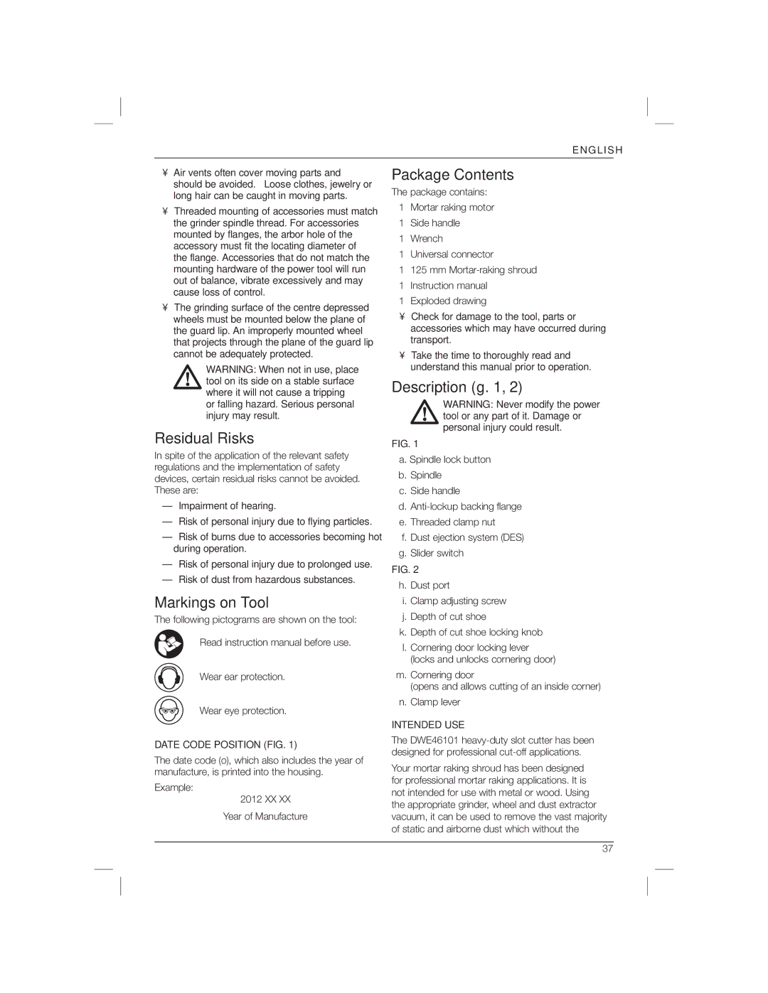 DeWalt DWE46101 manual Residual Risks, Markings on Tool, Package Contents, Description ﬁg 