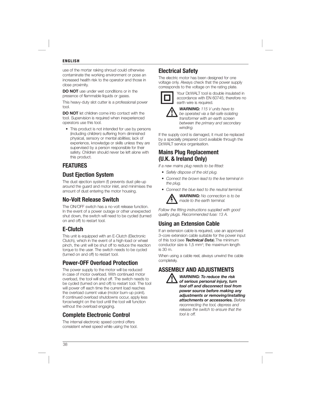 DeWalt DWE46101 manual Features, Assembly and Adjustments 