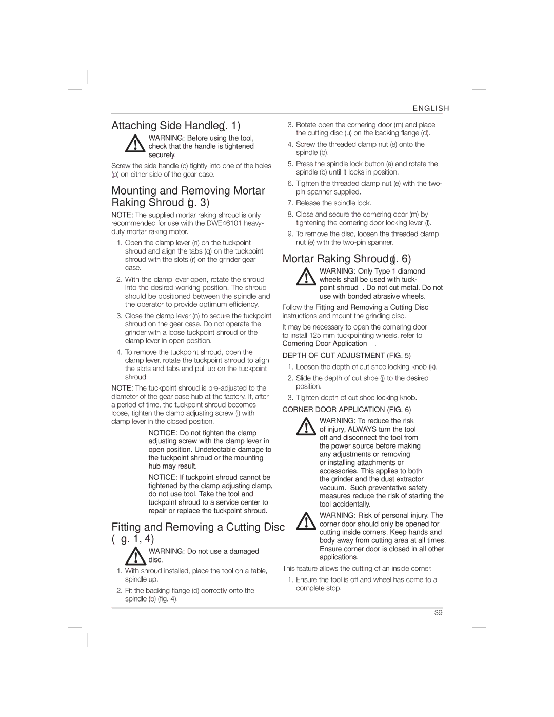 DeWalt DWE46101 manual Attaching Side Handle ﬁg, Mounting and Removing Mortar Raking Shroud ﬁg 