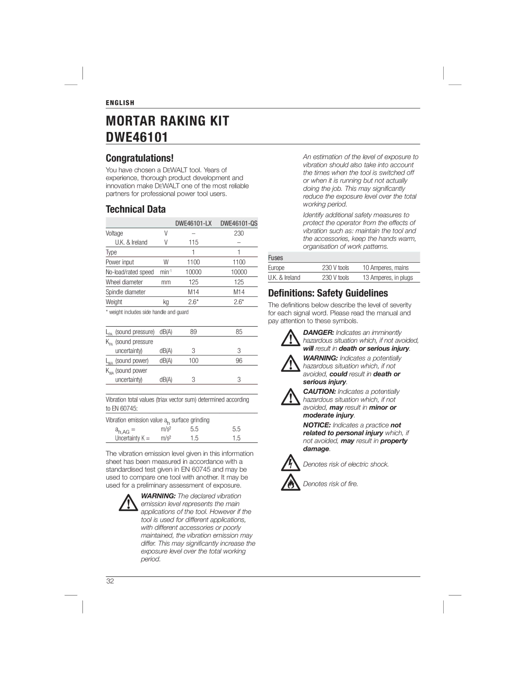 DeWalt DWE46101 manual Congratulations, Technical Data, Deﬁnitions Safety Guidelines, English 