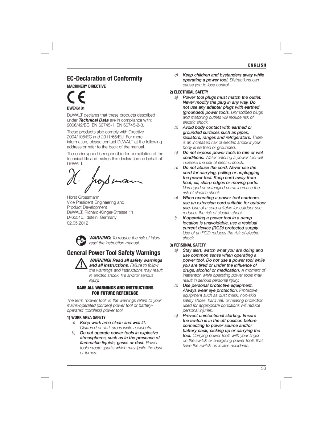 DeWalt DWE46101 manual EC-Declaration of Conformity 