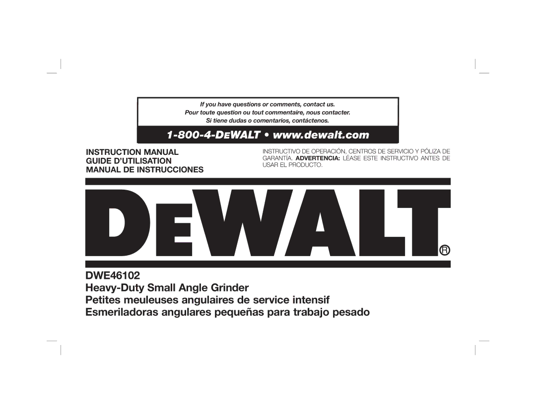 DeWalt DWE46102 instruction manual Guide D’UTILISATION Manual DE Instrucciones 