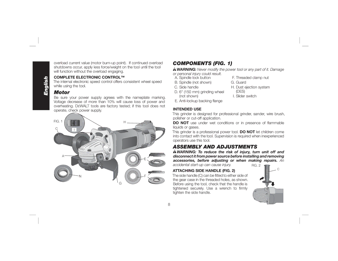 DeWalt DWE46102 instruction manual Motor, Components FIG, Assembly and Adjustments 