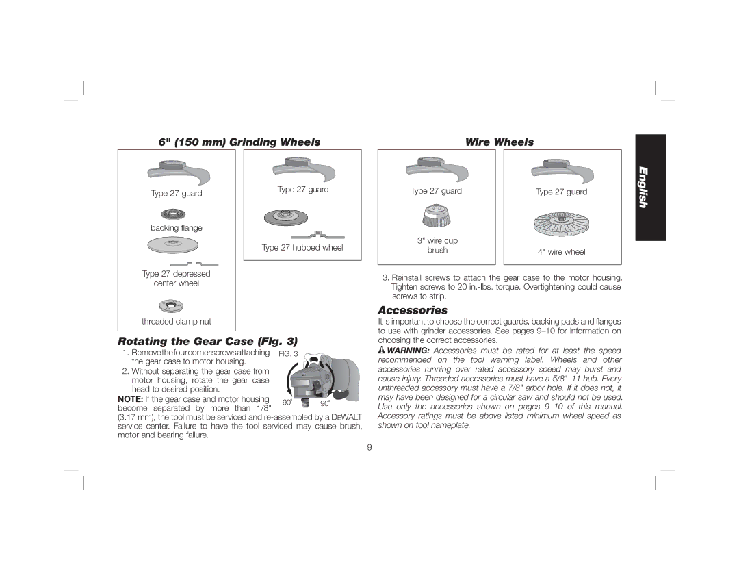 DeWalt DWE46102 instruction manual Accessories, Rotating the Gear Case FIg, Become separated by more than 1/8 