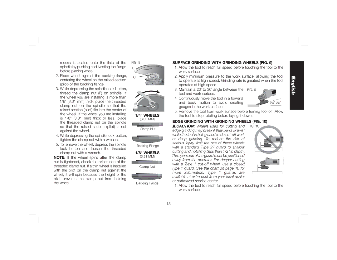 DeWalt DWE46102 instruction manual Surface Grinding with Grinding Wheels FIG, Edge Grinding with Grinding Wheels FIG 