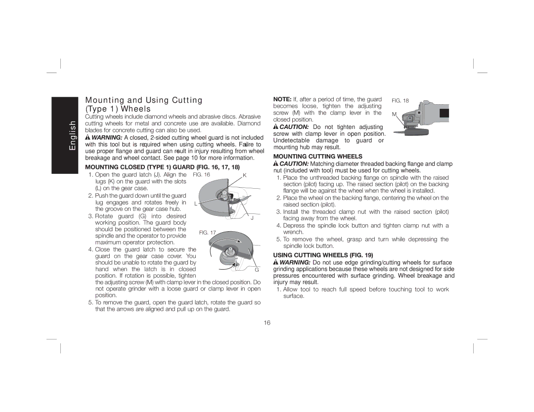 DeWalt DWE46102 Mounting and Using Cutting Type 1 Wheels, Mounting Closed Type 1 Guard , 17, Mounting Cutting Wheels 