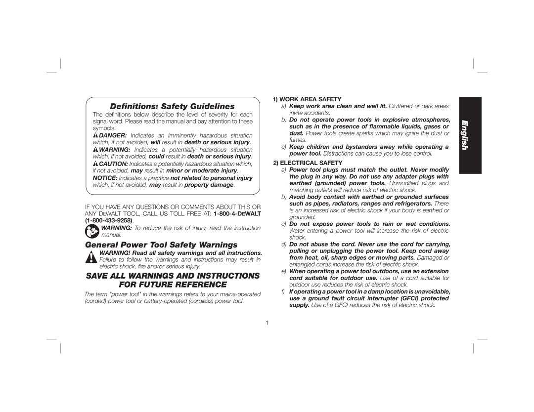 DeWalt DWE46102 Deﬁnitions Safety Guidelines, General Power Tool Safety Warnings, Work Area Safety, Electrical Safety 