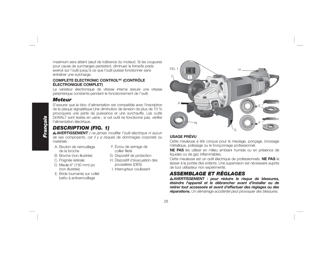 DeWalt DWE46102 instruction manual Moteur, Description FIG, Assemblage ET Réglages, Usage Prévu 