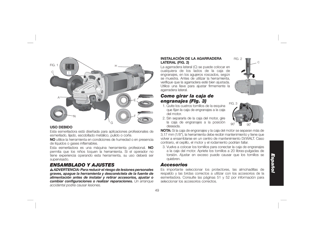 DeWalt DWE46102 instruction manual Como girar la caja de engranajes FIg, Ensamblado Y Ajustes, Accesorios, USO Debido 