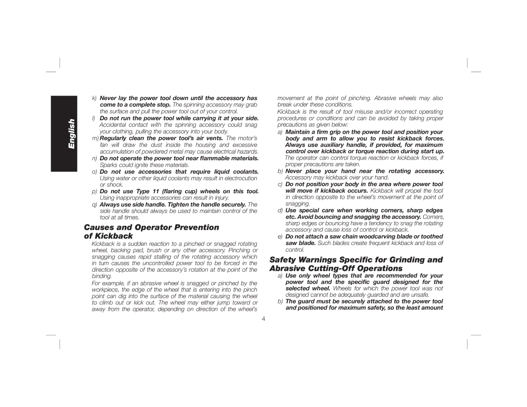 DeWalt DWE46102 instruction manual Causes and Operator Prevention of Kickback 