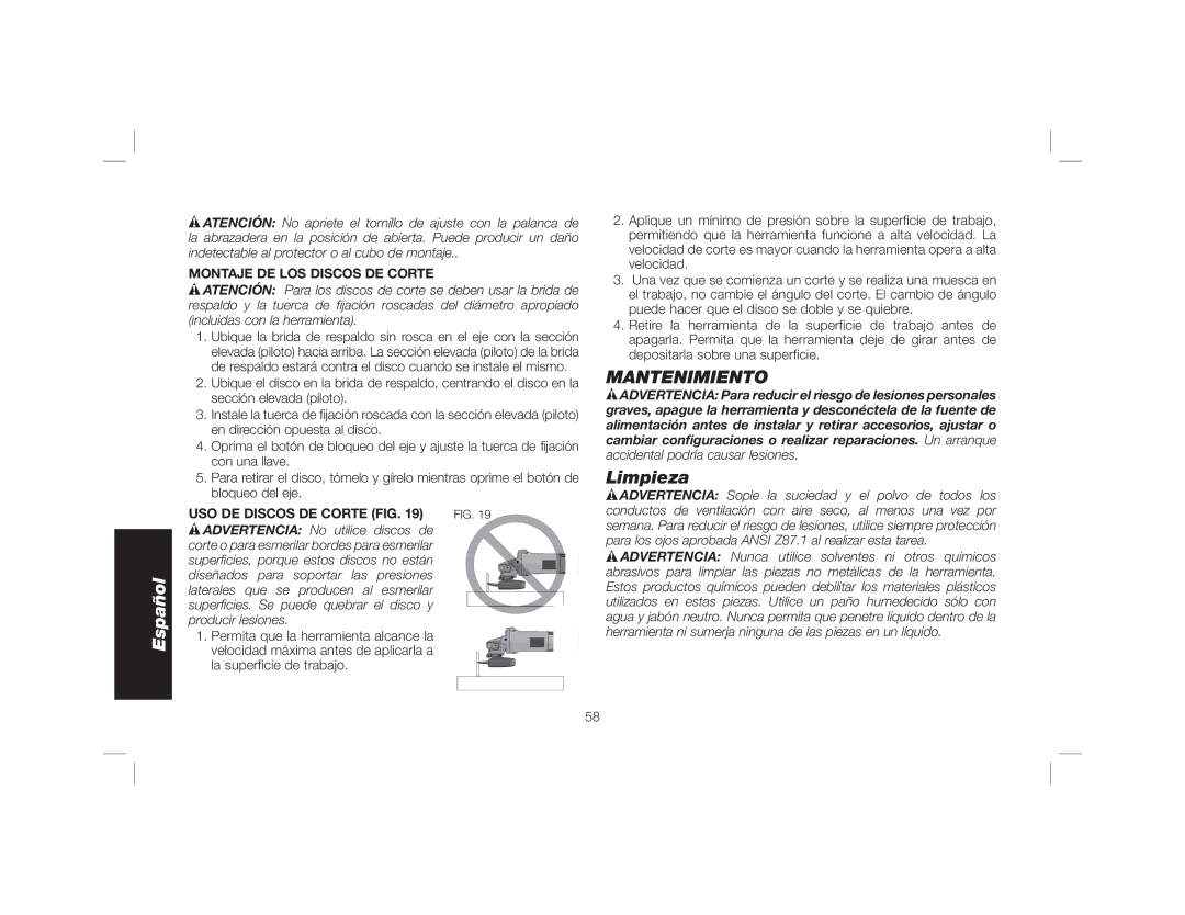 DeWalt DWE46102 instruction manual Mantenimiento, Limpieza, Montaje DE LOS Discos DE Corte, USO DE Discos DE Corte FIG 